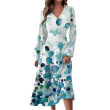 Damklänning med V-ringning och långärmad vintage-blommönster, höst- och vintermodell, cyan, storlek XXL