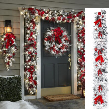Couronne de Noël extérieure avec nœud rouge, baies rouges et pommes de pin – Décoration floquée à suspendre à une porte, une fenêtre, un