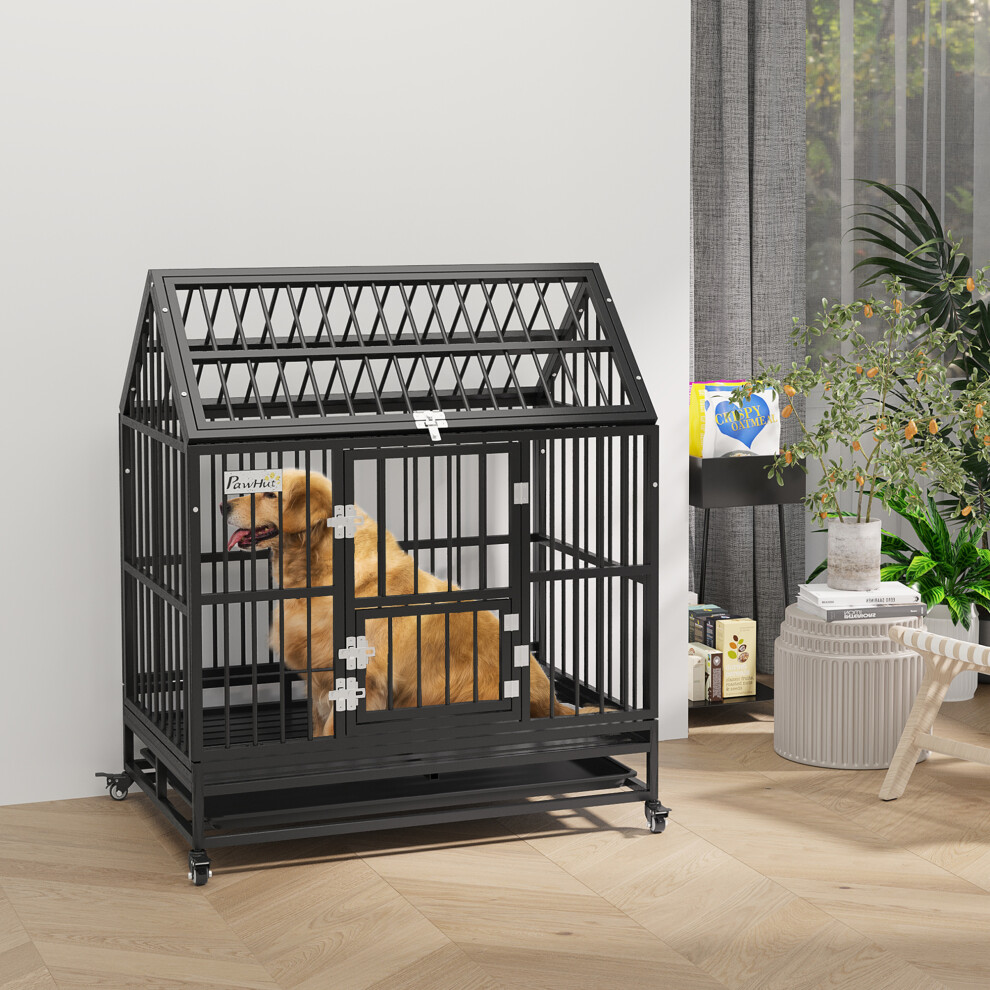Bobobiy Black 43" Heavy Duty Dog Crate On Wheels, With Removable Tray, Openable Top - Image 3