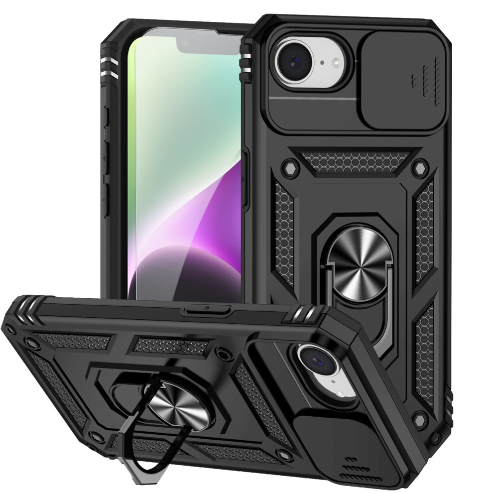 Shockproof Case With Tempered Glass For Iphone 16E: Tpu+Pc, Slide Camera Cover, 360 Rotating Ring Kickstand, Magnetic Back Cover, Black 9558830160803