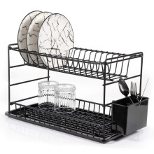 TheOwnas 2-Tier Metal Black Dish Drainer Rack with Drip Tray & Cutlery Holder