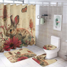 4-Pc Shower Curtain Set: Watercolor Bunny & Butterfly on Flowers, Includes Rug, Hooks, 72"x72" – Compatible with Standard Showers
