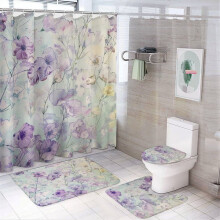 4-Piece Vintage Purple Floral Shower Curtain Set with Bath Mat, Toilet Lid Cover & Oval Rug (72"x72") – Compatible with Standard Bathtubs