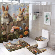 Bunnies & Flowers 4-Pc Shower Curtain Set with Rugs – Easter Decor, Waterproof, Durable, Compatible with Standard Showers
