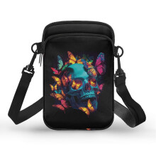 Leuchtender Totenkopf, bunte Schmetterlinge, Umhängetasche aus Polyester mit verstellbarem Riemen für den täglichen Gebrauch im Freien