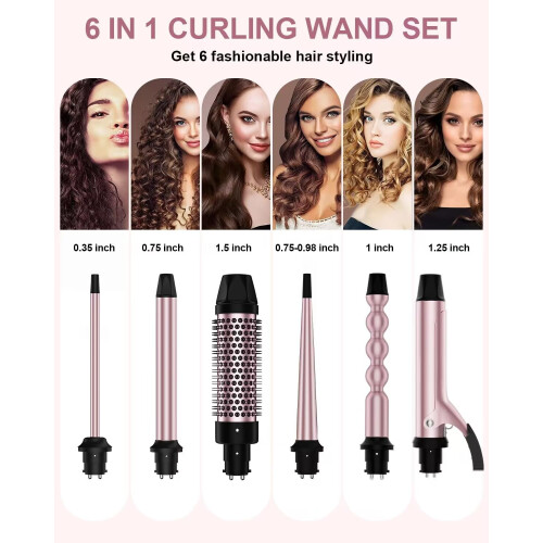 Σετ σίδερου Hair Waver 6 σε 1 με θερμική βούρτσα και ράβδο για μπούκλες με φούσκα, 1