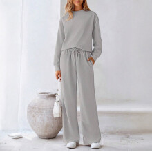 Women's Fall Solid Textured Drawstring 2-Piece Tracksuit Set Light Gray M