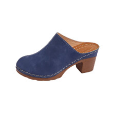 Blue Womens Slip On Clog Mules Block Heel Round Toe Faux Leather Upper Cushioned Footbed Casual Office Wear Size 9.5