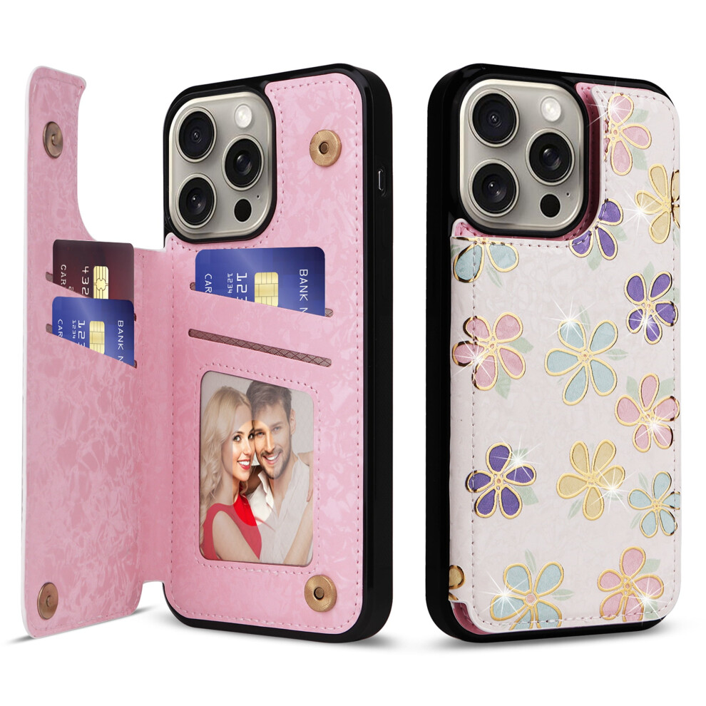Iphone 16 Pro Case Wallet With Card Holder, Rfid Blocking Pu Leather Floral Flip Folio Kickstand, Double Magnetic Clasp 9485826740315