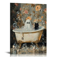 Halloween Canvas Wall Art: Ghost & Black Cat in Bathtub – 12x16in, for Living Room, Bathroom, Bedroom, Office – Home Decor