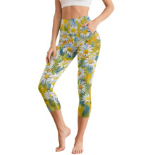 Margaréta mintás capri leggings nőknek, hasformáló jóganadrág, lélegző edzőleggings, magas derekú jóga capri nadrág zsebekkel, S