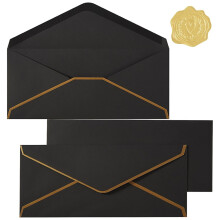 Luxe enveloppen met gouden rand en V-vormige klep voor wenskaarten, elegante zwarte enveloppen voor kantoorverzending, uitnodigingen voor afstuderen