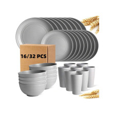 16/17/32-Pc Wheat Straw Dinnerware Set – Unbreakable, Lightweight, Microwave & Dishwasher Safe, for Camping & Daily Use, Ideal Gift