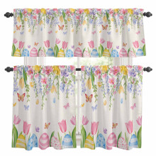 Easter Eggs Kitchen Curtains & Valances Set, Watercolor Spring Floral Butterfly Linen Rod Pocket, 27.5x36in, Compatible with Standard Rods