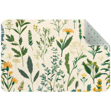 Small washable kitchen rug, herbs & floral meadow design, non-slip indoor door mat for entryway, bathroom, bedroom—compatible with standard sizes