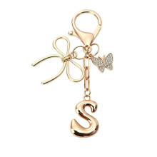Bubble Initial Keychain with Bow & Butterfly - Gold Letter Bag Charms for Women, Cute Purse Handbag Accessories