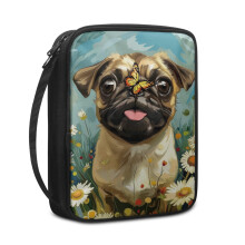 Pug Dog Butterfly Daisy Print Waterproof Bible Case for Women, Large Zippered Bible Cover with Handle – Compatible with Standard Bibles