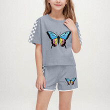 Butterfly and Checkered Sleeve Outfit Sets for Girls Boys - Soft Breathable Summer 2-Piece Shorts and Top, Ages 5-14, Gray