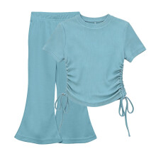 Dusty Blue Girls 2 Piece Set - Ribbed Knit Crop Top & 70s Flare Pants, Soft Stretchy Matching Outfit for Kids to Kids Ages 1-10 Years,Size 3-4T
