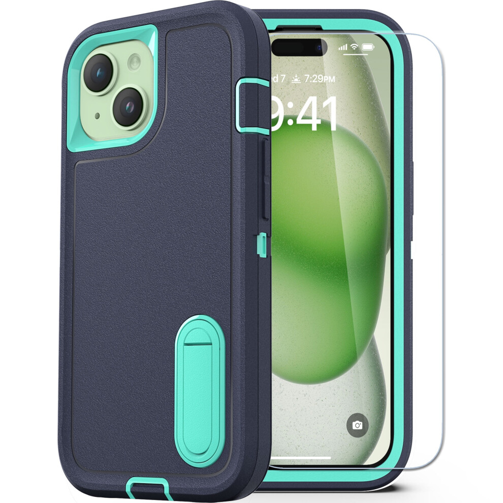 Heavy Duty Military Shockproof Case With Built-In Screen Protector & Kickstand For Compatible With Iphone 15 6.1" (2023), Blue 9130661038171
