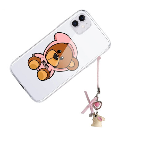 Chaveiro de coelho fofo com laço, flor e coração, pingente para celular. 1
