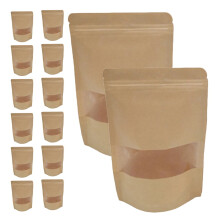 50 bolsas de papel kraft con ventana, resellables, con base plana, para almacenar frutos secos.