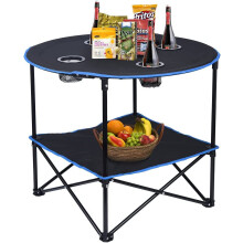 Portable Folding Picnic Table with 4 Cup Holders & Carry Bag – Collapsible Canvas Table for Camping, BBQ, Travel, Fishing (Black+Blue)