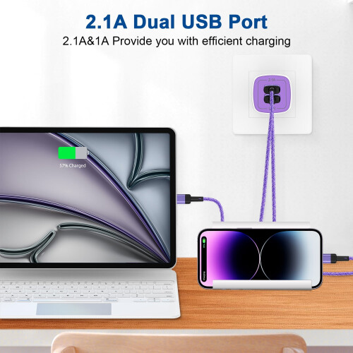 Chargeur double USB 2,1 A + 2 câbles de 3 m, compatible avec iPhone 14/13/12 1