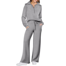 Conjunto de moletom feminino de duas peças para outono/inverno, composto por blusa de moletom com meio zíper e gola lapela, e calça pantalona com