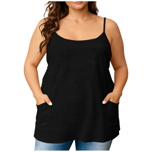 Regata feminina plus size com bolsos, preta e comprida.