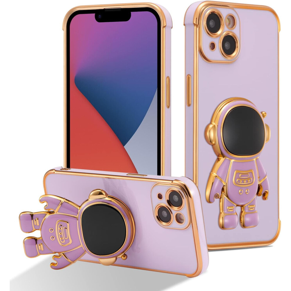 Cute 6D Astronaut Iphone 14 Case (6.1") Â Slim, Shockproof, Stand, Electroplated Tpu Bumper Cover For Girls & Boys Purple 9405492378445