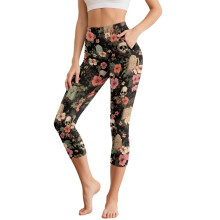 Koponyamintás jóganadrág nőknek, magas derekú jóga leggings, hibiszkuszvirág mintás edzőleggings zsebekkel, 2XL