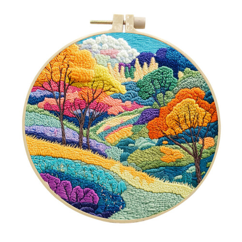 Complete DIY Embroidery Kit for Beginners Bright Landscape Pattern Needlepoint Kits Includes Canvas and Instructions Type 2