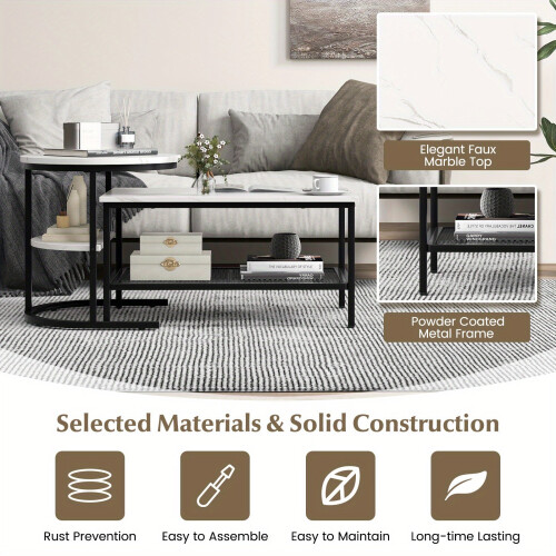 2x Nesting Coffee Table Set - White Faux Marble Top 1