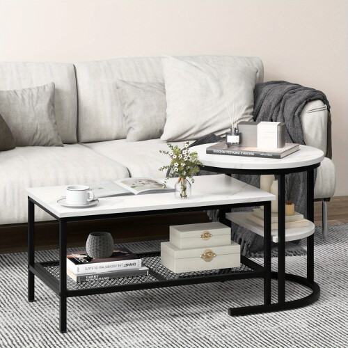 2x Nesting Coffee Table Set - White Faux Marble Top 2