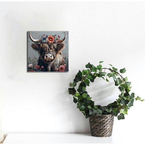 Vintage ρουστίκ καμβάς με αγελάδες Highland – Floral Crown, Boho αφηρημένη διακόσμηση για 2