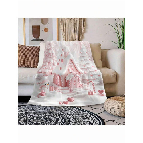 Κουβέρτα Cozy Pink Gingerbread House - Αναστρέψιμη από φανελένιο φλις, χιονάνθρωπος & δέντρο, 2