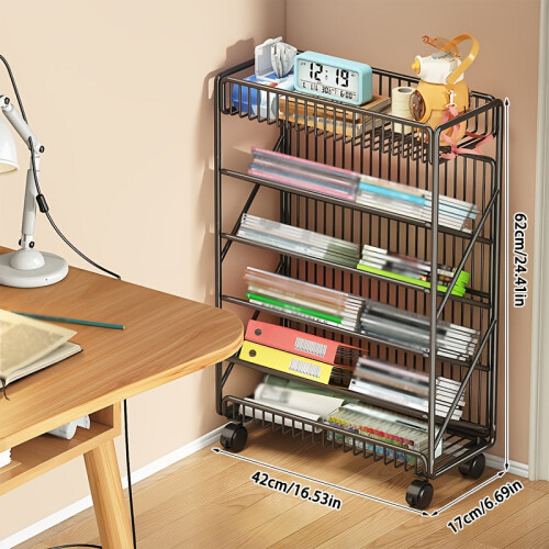 Office Bookshelf with Wheels and Storage Basket 2