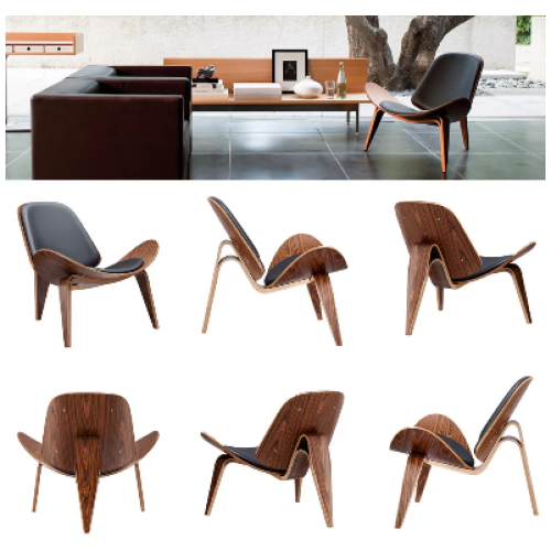 Shell Lounge Chair Tripod Wood with Black PU Leather Chairs 2