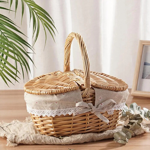 Woven Wicker Picnic Basket with Double-Lid Handle 1