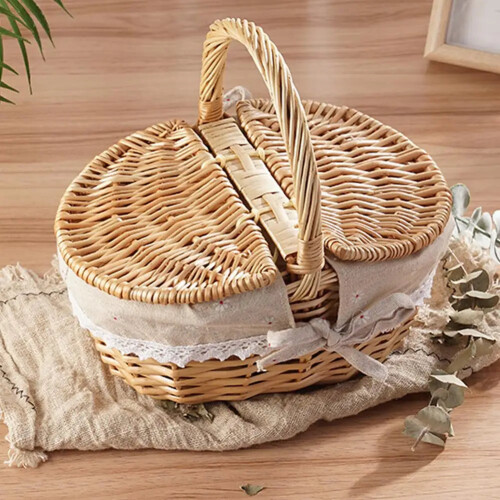 Woven Wicker Picnic Basket with Double-Lid Handle 2