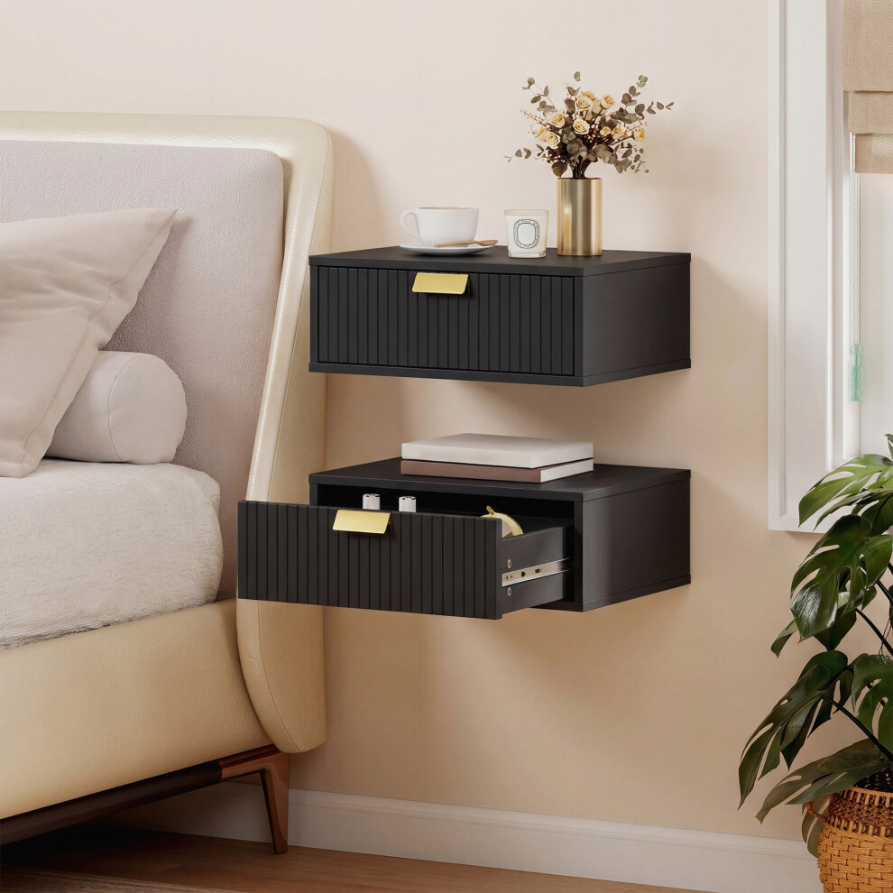 Homcom (Black) Floating Nightstands Set Of 2 Bedside Tables W/ Wave Drawer Black