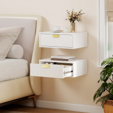 (White) HOMCOM Floating Nightstands Set of 2 Bedside Tables w/ Wave Drawer
