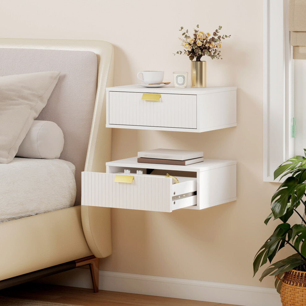 Homcom (White) Floating Nightstands Set Of 2 Bedside Tables W/ Wave Drawer White