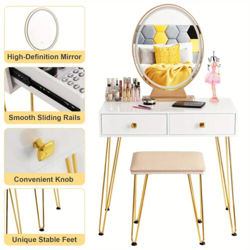 Elegant White Dressing Table Stool Set with LED Oval Mirror 1
