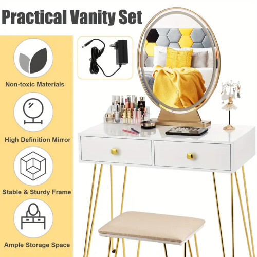 Elegant White Dressing Table Stool Set with LED Oval Mirror 2