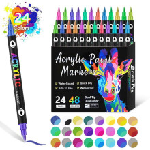 24pc Acrylic Paint Markers Set, 48 Colors, Dual Tip, Compatible with Wood/Canvas/Glass/Easter Eggs
