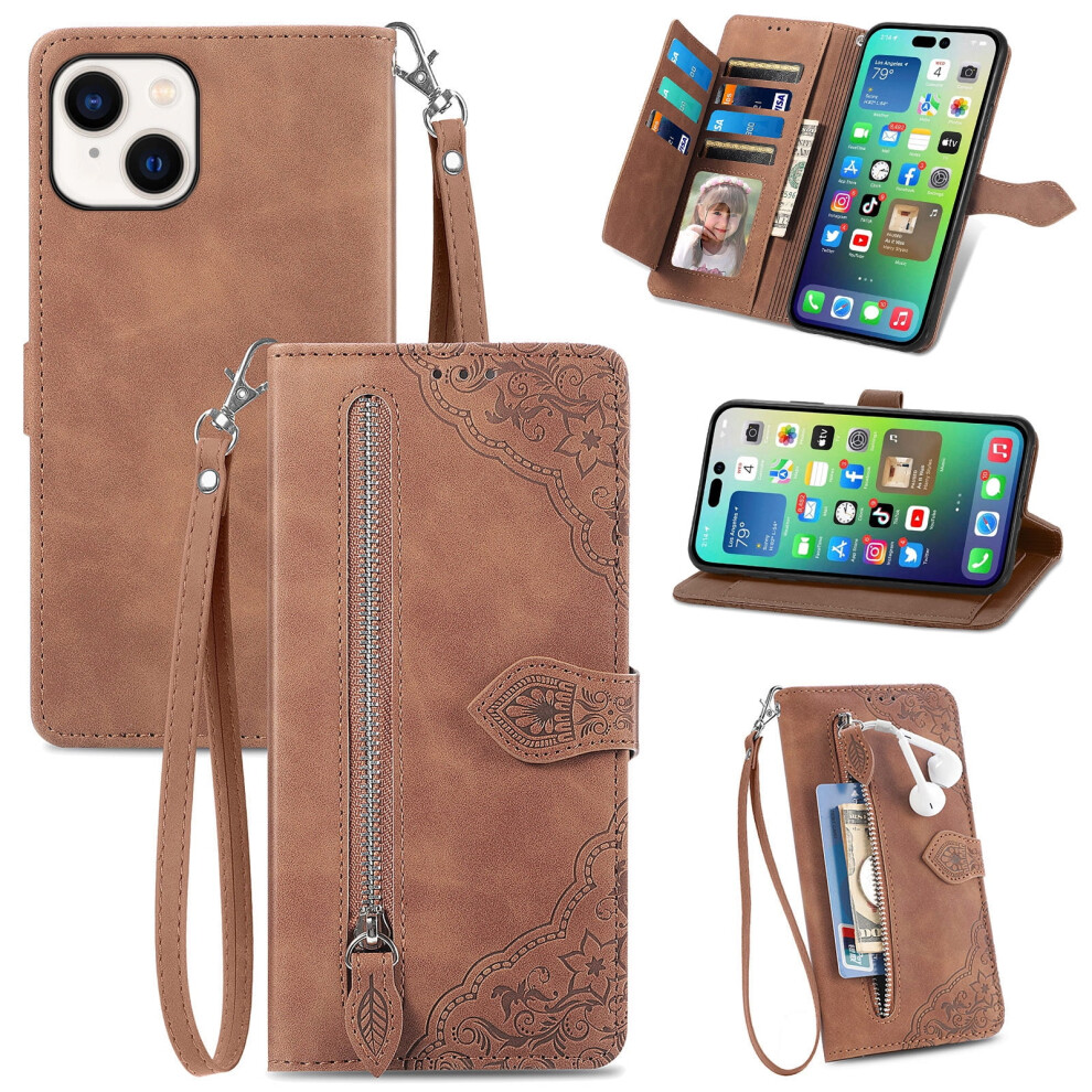Magnetic Leather Wallet Case With Zipper, Kickstand & Wrist Strap For Iphone 14 (6.1") Â Brown 9558830167314