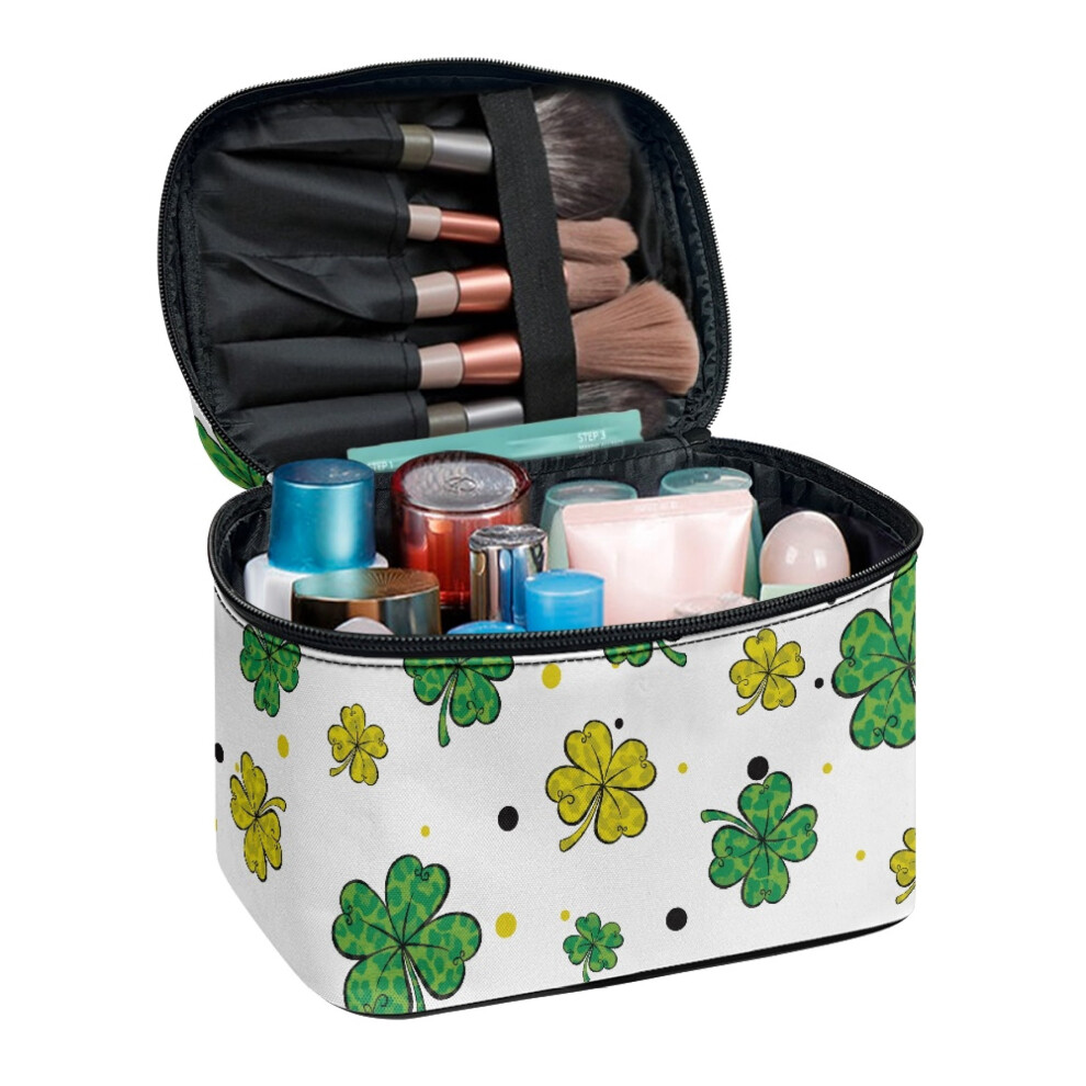 Green/Yellow Shamrocks Practical Travel Make Up Bag With Brush Slots With Zipper & Handle Cosmetic Makeup Bag