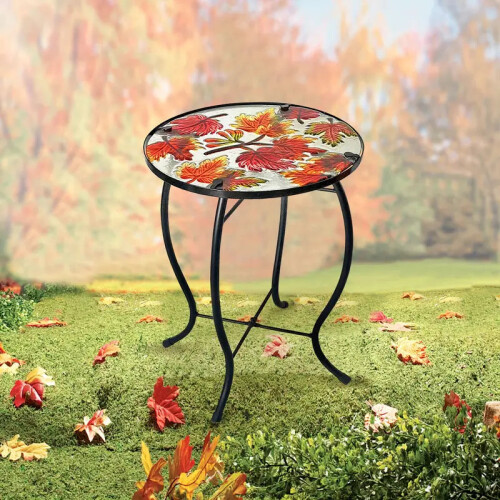 Outdoor Mosaic Side Table with Printed Maple Leaf Glass Top 1
